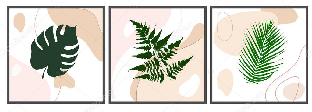 Botanical wall art vector set.tropical leaves on abstract background.Abstract design.Vector
