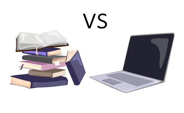 Laptop vs halom könyvek.Vektor illusztráció egy halom könyvet laptop elszigetelt fehér háttér. — Stock Vector