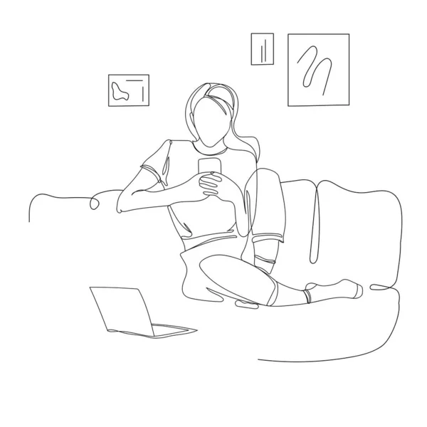 Mujer o niña joven usando smartphone escribe o habla en casa.Concepto de comunicación.Ilustración vectorial — Archivo Imágenes Vectoriales