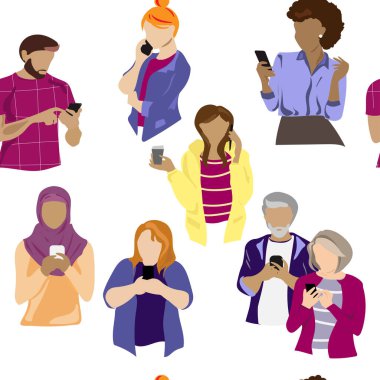 Kusursuz bir geçmişi var. Farklı yaşlarda çok ırklı bir grup iletişim kurmak için akıllı telefon kullanıyor. Vektör illüstrasyonu 