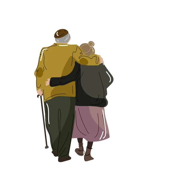 Vieilles personnes marchant et se câlinant.Illustration vectorielle d'un couple âgé grand-mère et grand-père Vue de dos — Image vectorielle