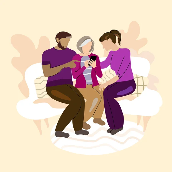 Fille et fils adultes aident une mère âgée à utiliser un smartphone.Femme âgée avec un téléphone portable à la main.Vecteur — Image vectorielle