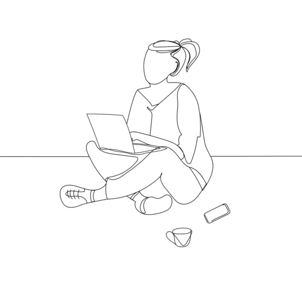 Esboza el dibujo de una mujer. Concepto de negocio. Joven mujer moderna sentada en el suelo y sosteniendo una laptop.Vector — Archivo Imágenes Vectoriales