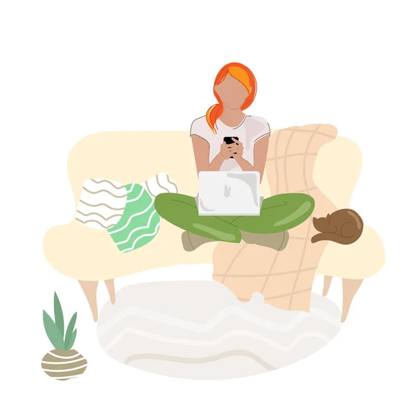 Woman on the sofa with a laptop and a phone at home with a cat.Business and work from home.Vector illustration — Vettoriale Stock
