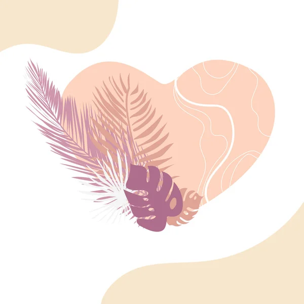 Abstract hearts in pink color doodle style on white background with tropical palm leaves. vector illustration — Image vectorielle