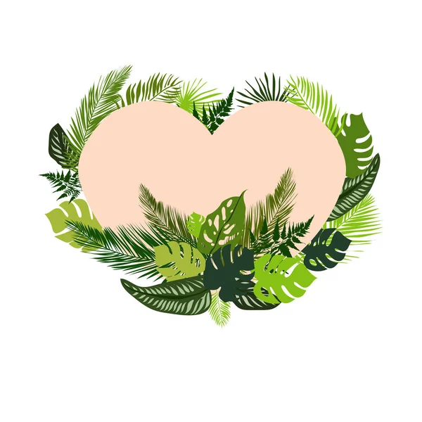 Vector floral heart with green tropical leaves isolated on white background, Hand-drawn illustration of a pink heart — Image vectorielle