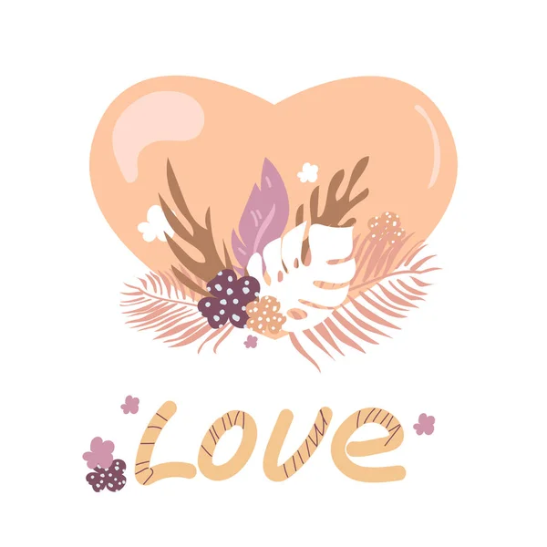 Vector pink heart with a bouquet of flowers and leaves isolated on a white background.Romantic cute illustration — Stockvektor