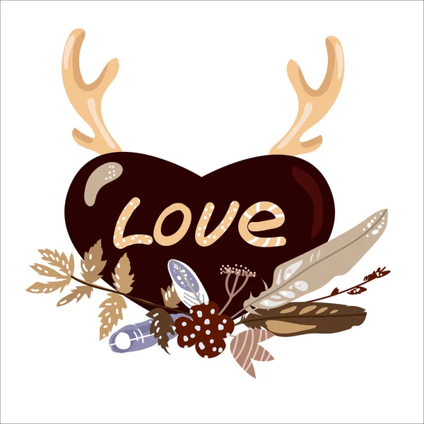 Corazón vectorial con cuernos de ciervo y un ramo de flores y plumas sobre un fondo blanco.Vector — Vector de stock