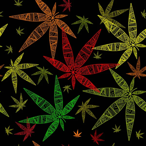 Cannabis deixa padrão sem costura.Folhas de cânhamo no estilo doodle em fundo preto.Vector — Vetor de Stock