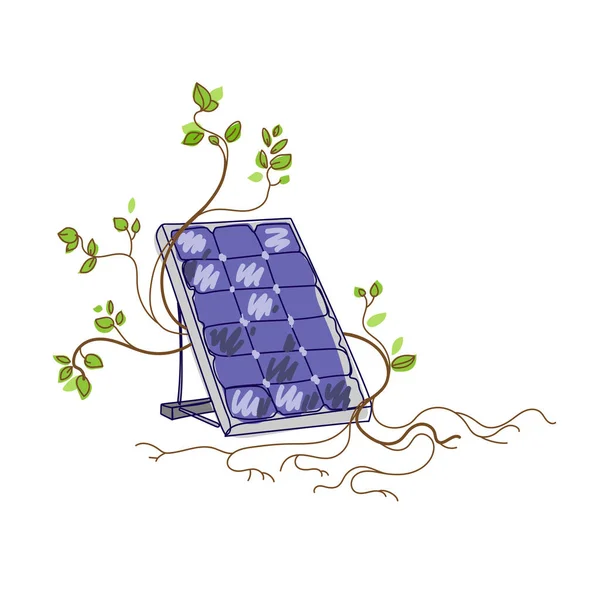 Solar panel with branches and leaves drawn in sketch style vector illustration — Stock Vector