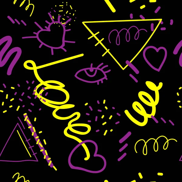 Patrón de garabatos sin costuras con letras de amor, formas geométricas puntos, ojos, corazones y triángulos en púrpura y amarillo — Vector de stock