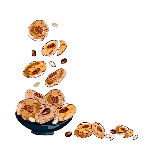 Galletas de almendras chinas tradicionales volando y cayendo en una ilustración bowl.vector — Vector de stock
