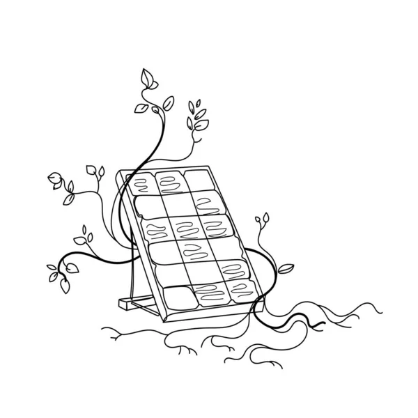 Panneau solaire enlacé avec des branches d'arbres et des racines poussant à partir du sol, Conception vectorielle. — Image vectorielle