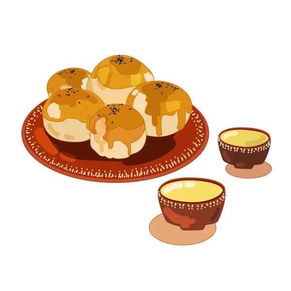 Pâtisserie au jaune de gâteau de lune, gâteau de lune sur l'assiette, avec des tasses de thé vert pour la fête de la mi-automne, nourriture asiatique.Vecteur — Image vectorielle
