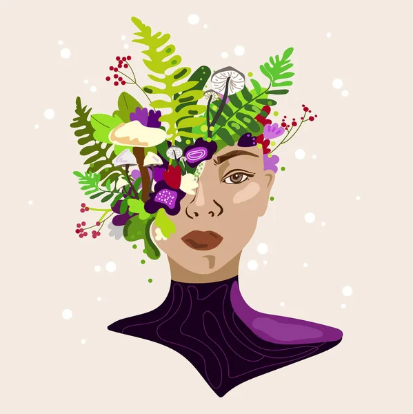 Womans head with flowers,forest mushrooms and plants for decorative design.Surreal vector design. — Stock Vector