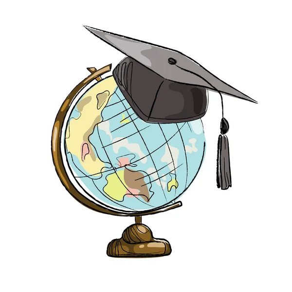 Berretto di laurea su illustrazione vettoriale globo, disegno a mano in stile bozzetto del fumetto isolato su bianco — Vettoriale Stock
