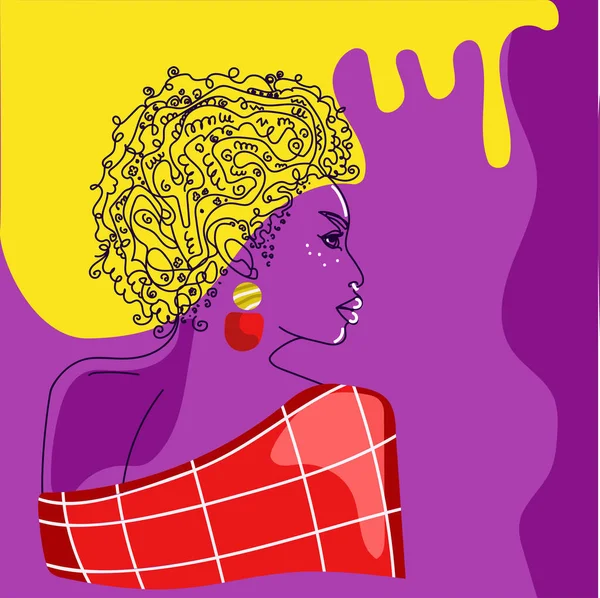 Line Art Woman face drawing on a purple-yellow background in an abstract style.African american women — Stock Vector