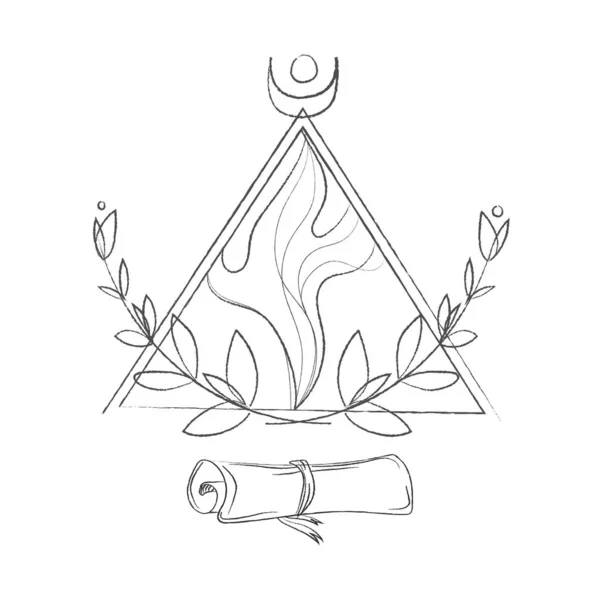 月と月桂樹の枝、神聖な神秘的なピラミッドの記号のスクロールと三角形の記号。ベクトル — ストックベクタ