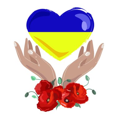 Ukrayna barış kavramı. Ukrayna bayrağının kalbi ellerinde ve kırmızı çiçekli haşhaş, beyaz arka planda Ukrayna sembolü. Ukrayna 'yı kurtar. Savaşı durdurun..