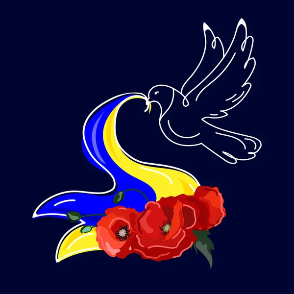 Barış Güvercini Ukrayna 'nın gaga dizaynında kırmızı gelincik çiçekleri taşıyan bayrağını taşıyor. Ukrayna' da savaş yok. Vektör ilüstrasyonu..