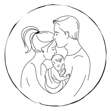 Mutlu anne ve baba, yeni doğan bebeğin ana hatlarını çiziyor. Genç, sağlıklı aile, siyah beyaz çizim.