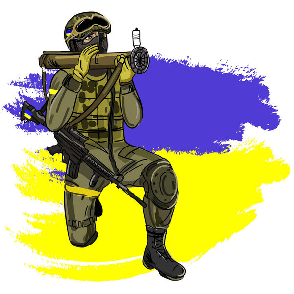 Ukrainian soldier with an anti-tank grenade launcher, RPG on the background of the Ukrainian flag, vector cartoon illustration. Ground Forces of Ukraine