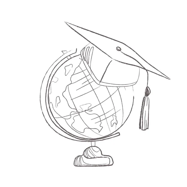 Schizzo vettoriale di un tappo di laurea appeso a un globo. Logo istruzione — Vettoriale Stock