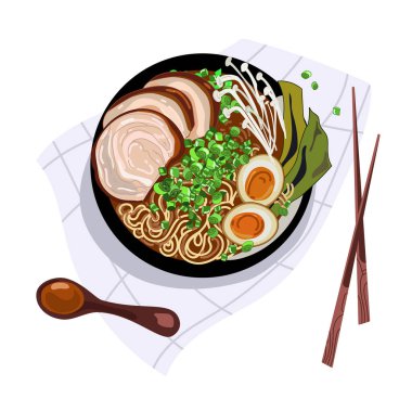 Geleneksel Japon çorbası miso ramen ve domuz eti.