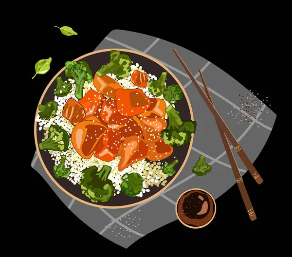 Sauté de poulet et brocoli Teriyaki avec illustration vectorielle de riz. Vue du dessus — Image vectorielle