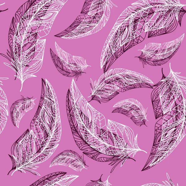 Plumes blanches motif sans couture sur fond rose. Illustration vectorielle — Image vectorielle