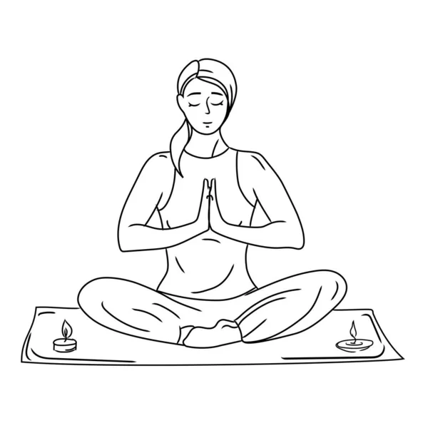 Lotus pozisyonundaki kadın meditasyon yapıyor, minder üzerinde yoga yapıyor, monokrom vektör çizimi izole edilmiş. — Stok Vektör