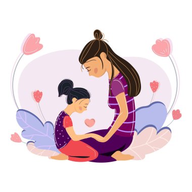 Küçük kızı olan genç bir anne vektör çizgi film çizimi ile iletişim kuruyor..