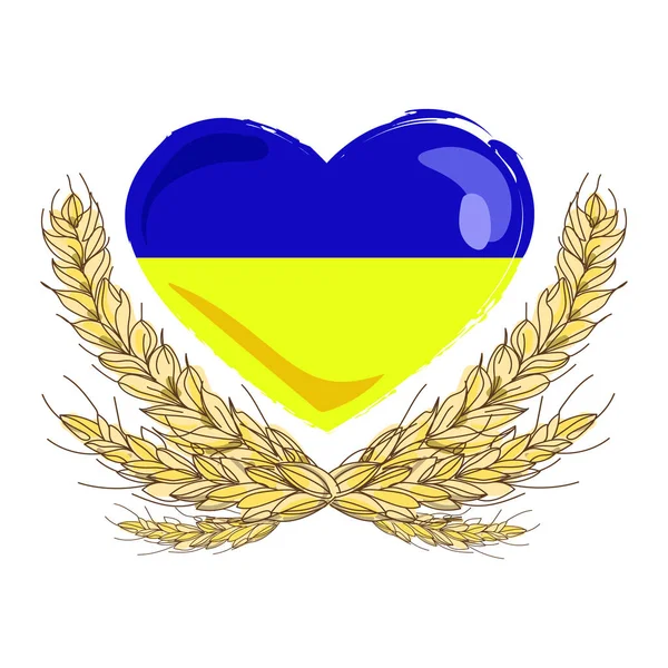 Bandiera ucraina - forma di cuore con spighe di grano, il simbolo nazionale dell'Ucraina. — Vettoriale Stock