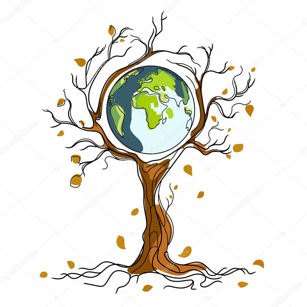 Climate change concept.Global warming.Planet Earth entwined with dry branches of a dead tree.Vector 