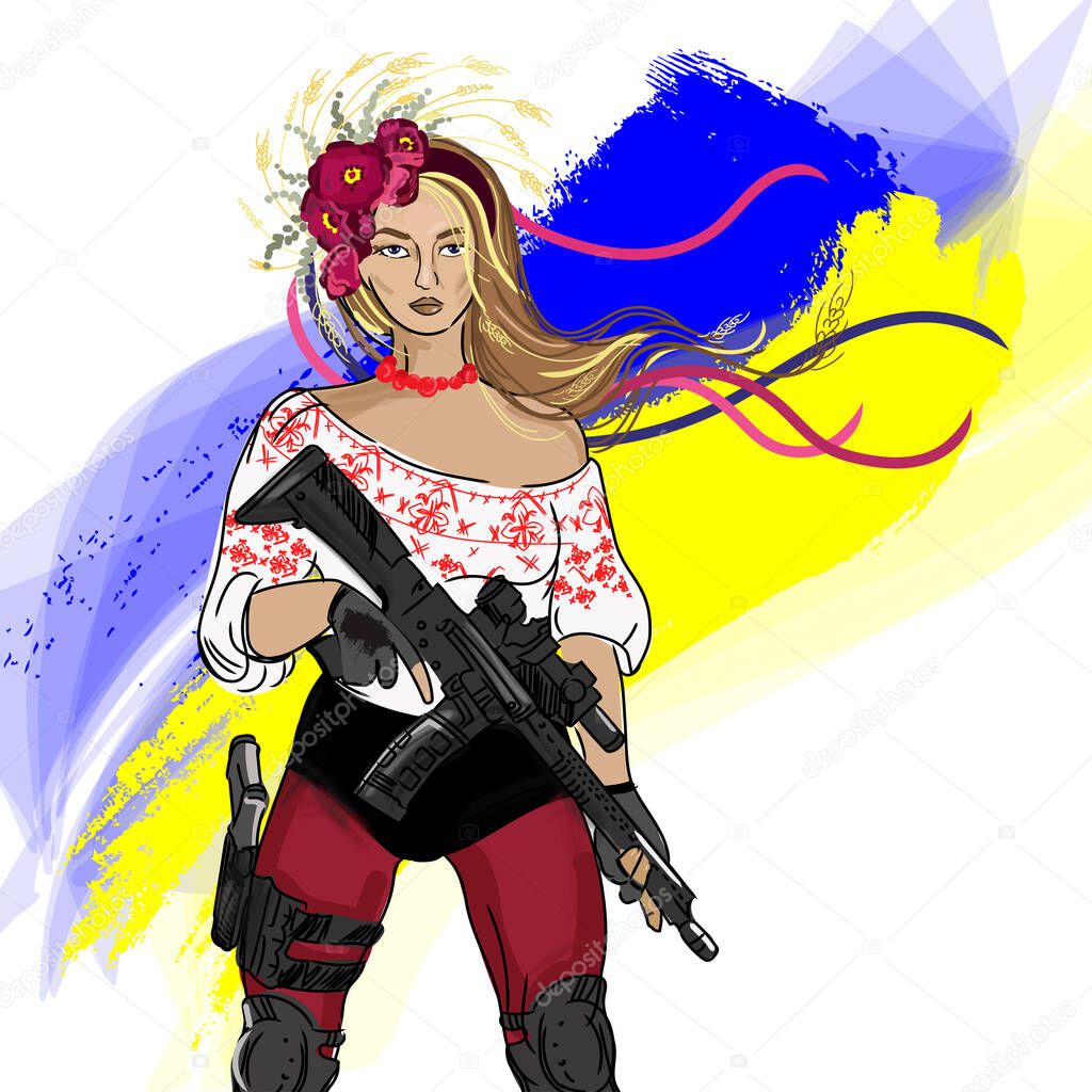 Ukrainian woman warrior with a weapon in her hands on the background of the Flag of Ukraine vector illustration