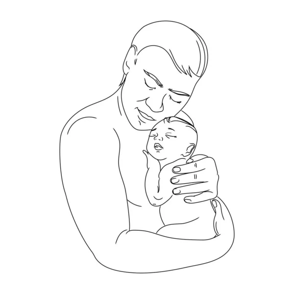 Yeni doğmuş bir bebeği kucağında tutan bir babanın vektör çizgisi çizimi. Baba ve çocuk Minimalist Sanat çizimi. Babalık kavramı. Mutlu aile.