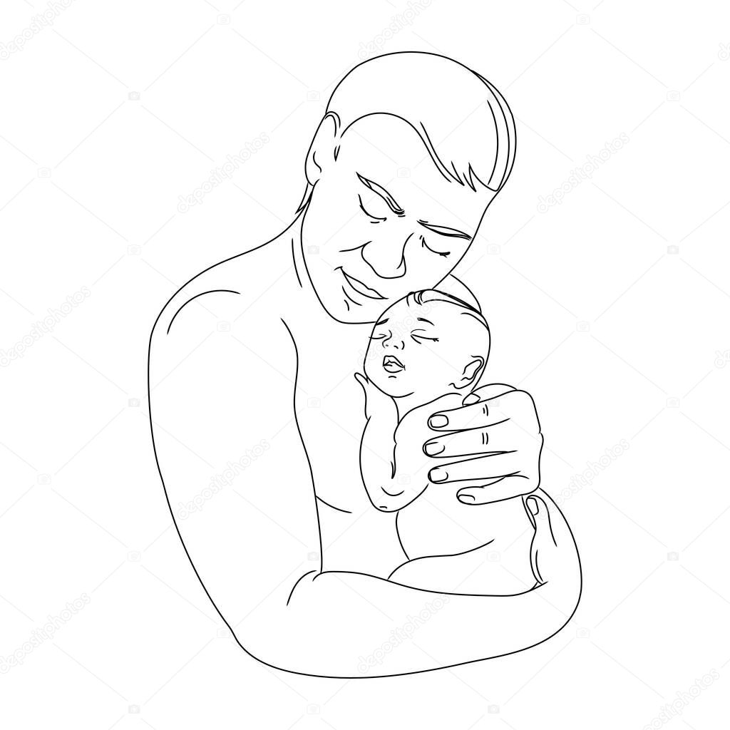 Vector line art illustration of a father holding a newborn baby in his arms. Father and child Minimalist Art sketch drawing.Fatherhood concept.Happy family
