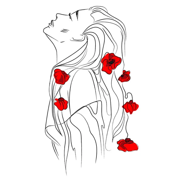 Línea Arte Hermosa Chica Con Pelo Largo Flores Amapolas Vetor — Vector de stock