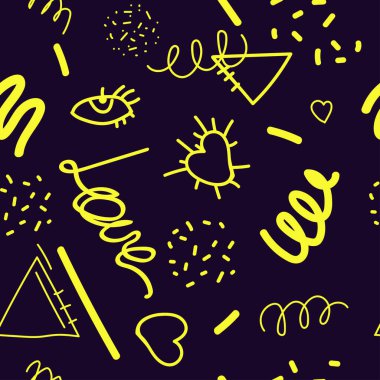 Soyut karalama kusursuz desen. Sarı karalamalı mavi vektör arka plan, farklı şekiller. Baskı, duvar kağıdı, tekstil ve diğer kullanım alanları için tasarım. Basit duvar kağıdı.