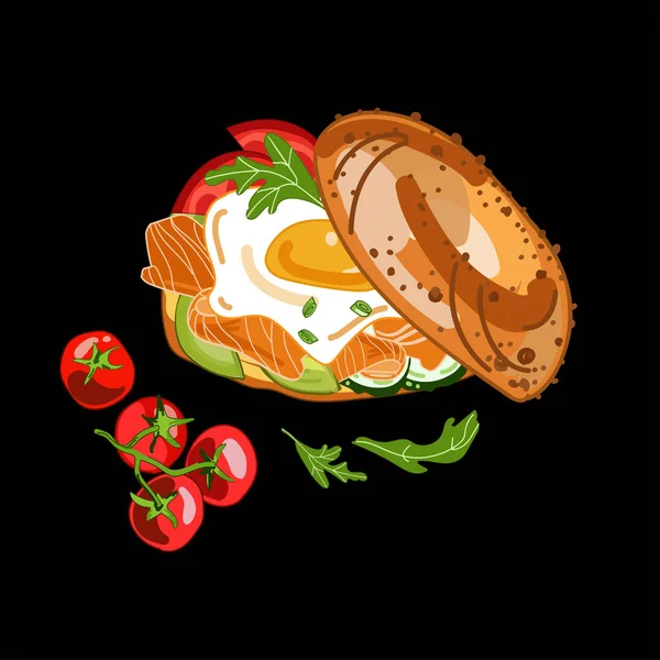 Bagel Sandwich Saumon Oeuf Frit Légumes Bouquet Tomates Suivant Dessin — Image vectorielle