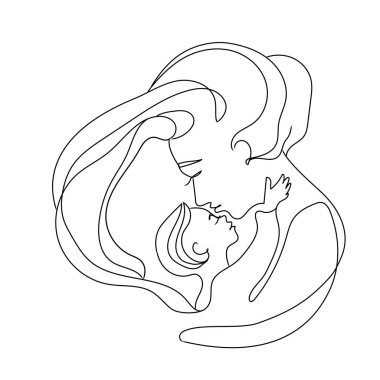 Anne ve bebek konsepti, beyaz arka planda sürekli çizim çizimi. Çizgi sanatçısı anne bebeğini öpüyor. Harika tasarım unsuru, amblem, logo, baskı, vs. Mutlu annelik minimalist tasarımı.