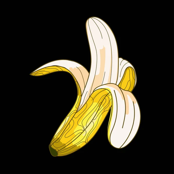 Nyitott Banán Elvont Művészet Rajz Egy Fekete Háttér Félig Hámozott — Stock Vector