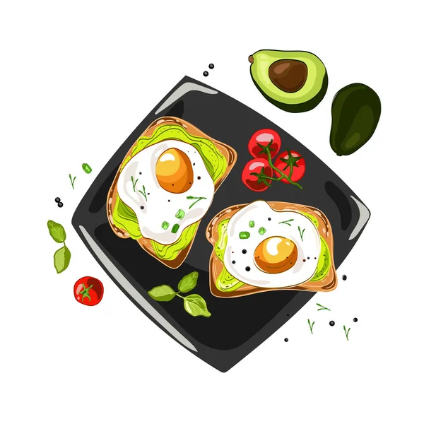 Sandwich Huevo Aguacate Con Pan Integral Vista Superior Del Plato — Vector de stock