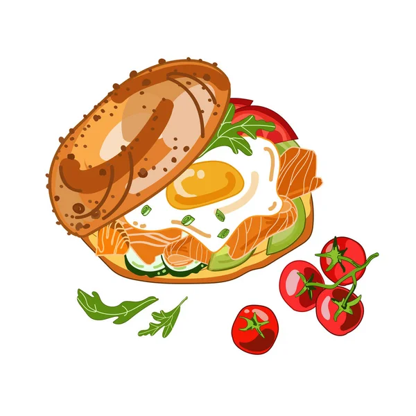 Sanduíche Bagel Com Salmão Legumes Salmão Defumados Ovo Ilustração Comida —  Vetores de Stock