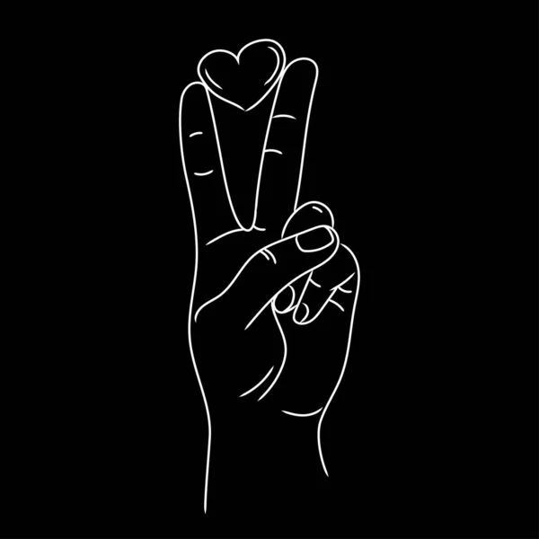 手の平和は黒の背景に指ラインアートベクトルイラストの間の心で署名します 勝利や平和のアイコンのための手のジェスチャーVサイン — ストックベクタ