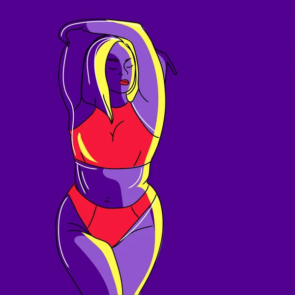 Curvy woman in line art style on purple background vector illustration. Attractive beautiful girl in a swimsuit — Stock Vector