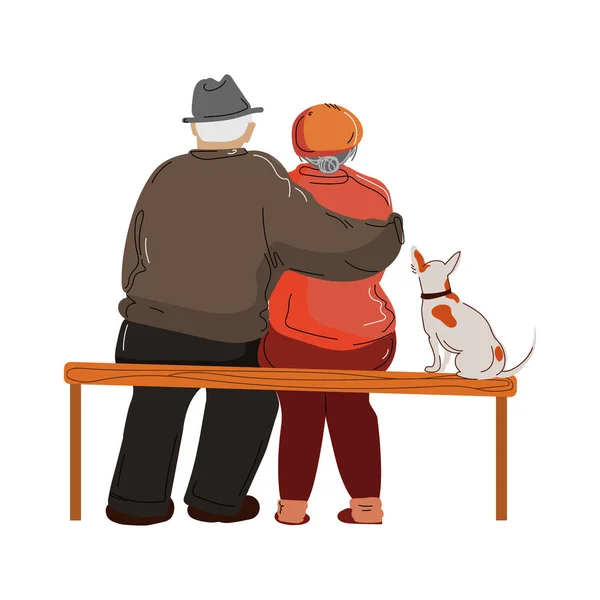 白い背景に隔離されたライフスタイルベクトルイラストのための犬とベンチに高齢者のカップル. — ストックベクタ