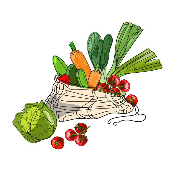 Kantung kapas dengan gambar kartun vektor sayuran berwarna segar terisolasi. Eco ramah belanja - Stok Vektor