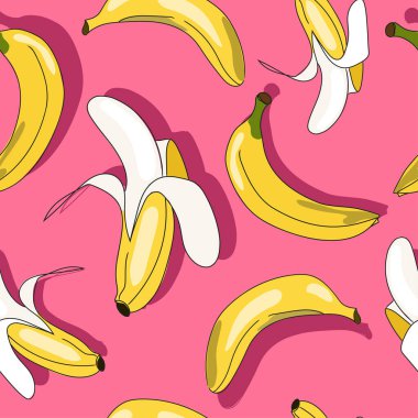 Bananas seamless pattern with contrast shadows in abstract cartoon style on pink background vector illustration.Colorful fabric background with bananas.Tropical fruits wallpaper design