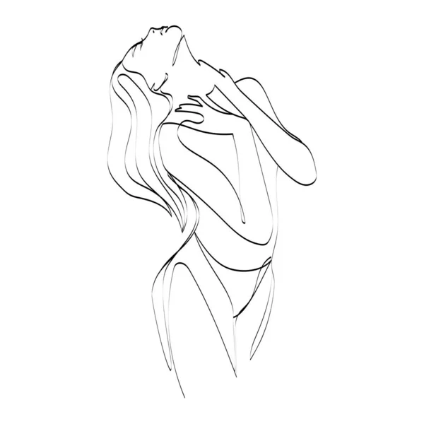 スケッチラインアートセクシーな女性ベクトルイラストデザイン 連続線画 下着と長い髪の魅力的な美しい女の子 — ストックベクタ